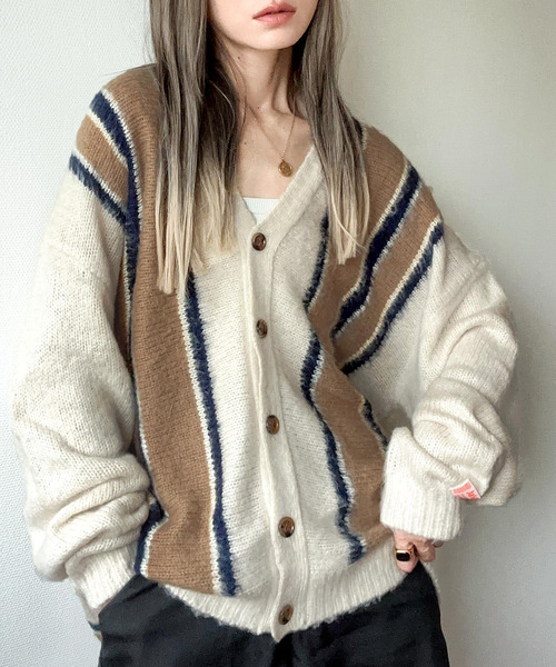 Java（ジャバ）の「《Javaジャバコラボ》大人のマルチカラー配色。ストライプ柄モヘアライクカーディガン（カーディガン/ボレロ・レディース・ブラウン/グリーン/アイボリー/ネイビー・LARGE/MEDIUM/SMALL/X-LARGE）」の2枚目の写真