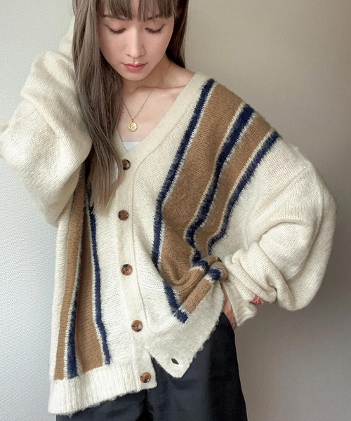 Java（ジャバ）の「《Javaジャバコラボ》大人のマルチカラー配色。ストライプ柄モヘアライクカーディガン（カーディガン/ボレロ・レディース・ブラウン/グリーン/アイボリー/ネイビー・LARGE/MEDIUM/SMALL/X-LARGE）」の5枚目の写真