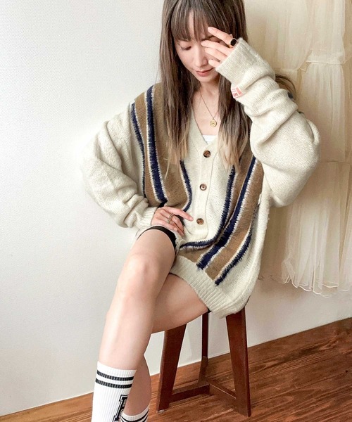 Java（ジャバ）の「《Javaジャバコラボ》大人のマルチカラー配色。ストライプ柄モヘアライクカーディガン（カーディガン/ボレロ・レディース・ブラウン/グリーン/アイボリー/ネイビー・LARGE/MEDIUM/SMALL/X-LARGE）」の6枚目の写真