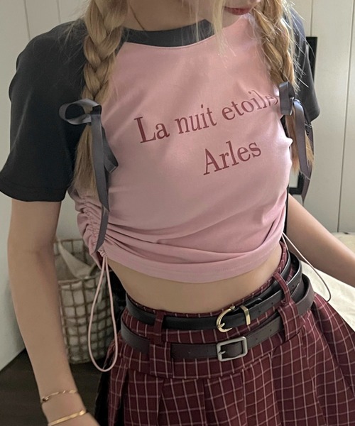 Vipoa（ヴィポア）の「サイドストリングラグランTシャツ（Tシャツ/カットソー・レディース・ホワイト×ブラック/ピンク/ベージュ/グレー・FREE）」の14枚目の写真