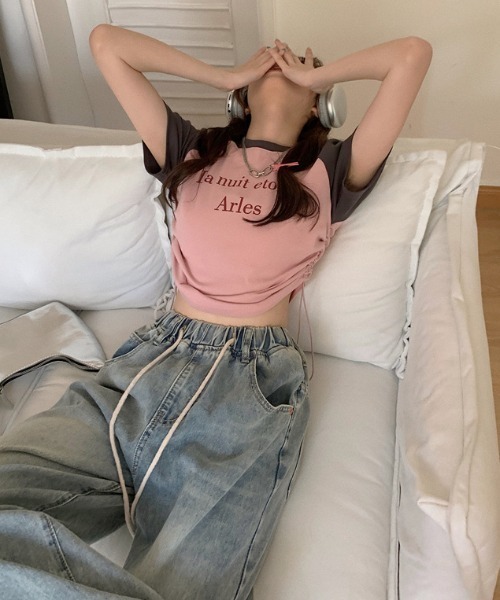Vipoa（ヴィポア）の「サイドストリングラグランTシャツ（Tシャツ/カットソー・レディース・ホワイト×ブラック/ピンク/ベージュ/グレー・FREE）」の18枚目の写真