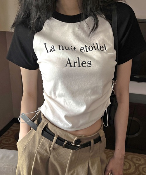 Vipoa（ヴィポア）の「サイドストリングラグランTシャツ（Tシャツ/カットソー・レディース・ホワイト×ブラック/ピンク/ベージュ/グレー・FREE）」の11枚目の写真