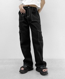 LVEU. | 【LVEU.】ステッチベイカーカーゴパンツ / ボトムス パンツ カーゴ レギュラー ストレート ステッチ カジュアル ベイカー ブラック(カーゴパンツ)