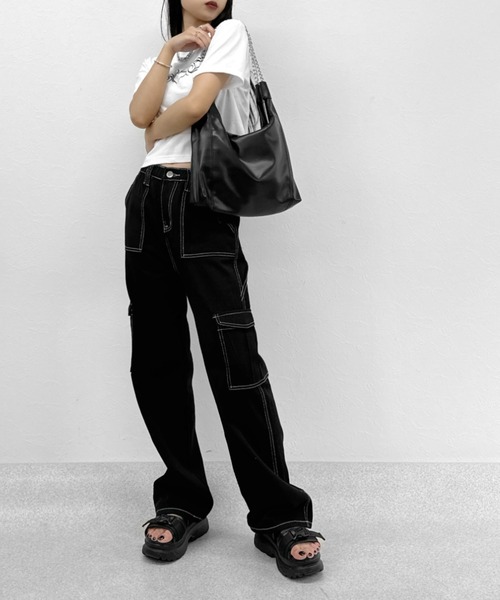 LVEU.（ラブユ.）の「【LVEU.】ステッチベイカーカーゴパンツ / ボトムス パンツ カーゴ レギュラー ストレート ステッチ カジュアル ベイカー ブラック（カーゴパンツ・レディース・ブラック・FREE）」の4枚目の写真