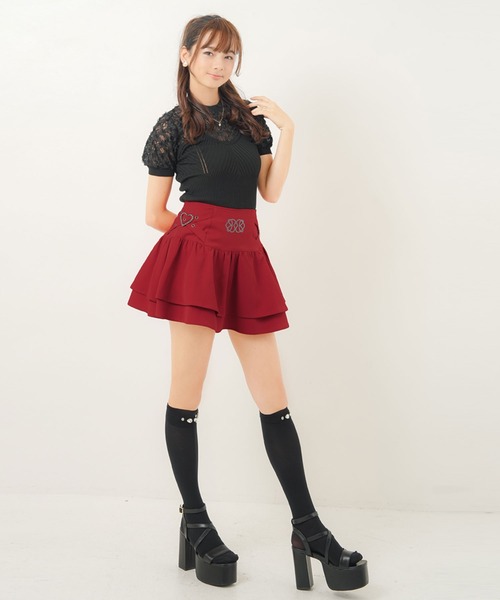 Diable baiser(ディアブルベーゼ)の「ストーン×ハートビジューフレアミニスカート(スカート・レディース・ブラック/レッド・MEDIUM/XX-LARGE/X-LARGE/LARGE)」の18枚目の写真