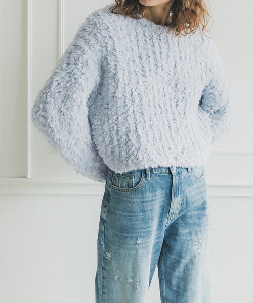 coca（coca）（コカ）の「ワイドリブショート丈プードルニット（ニット/セーター・レディース・ベージュ/ダークブルー・ONE SIZE）」の2枚目の写真