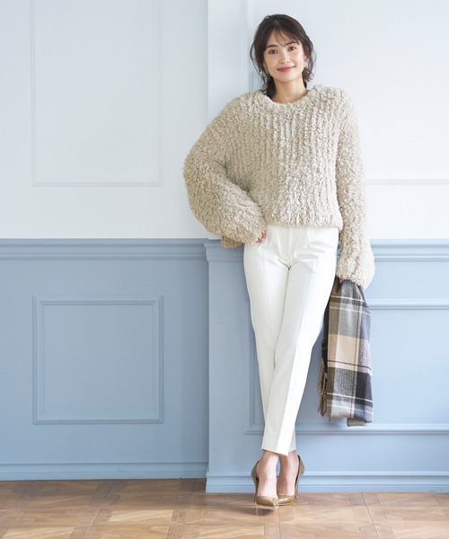 coca（coca）（コカ）の「ワイドリブショート丈プードルニット（ニット/セーター・レディース・ベージュ/ダークブルー・ONE SIZE）」の3枚目の写真