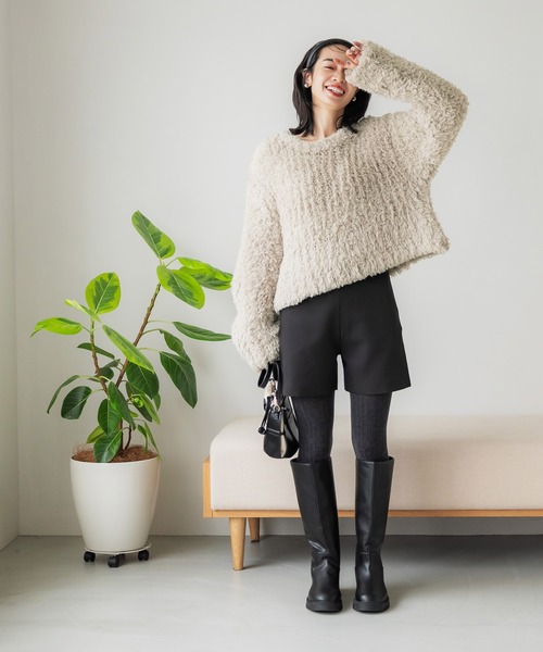 coca（coca）（コカ）の「ワイドリブショート丈プードルニット（ニット/セーター・レディース・ベージュ/ダークブルー・ONE SIZE）」の5枚目の写真