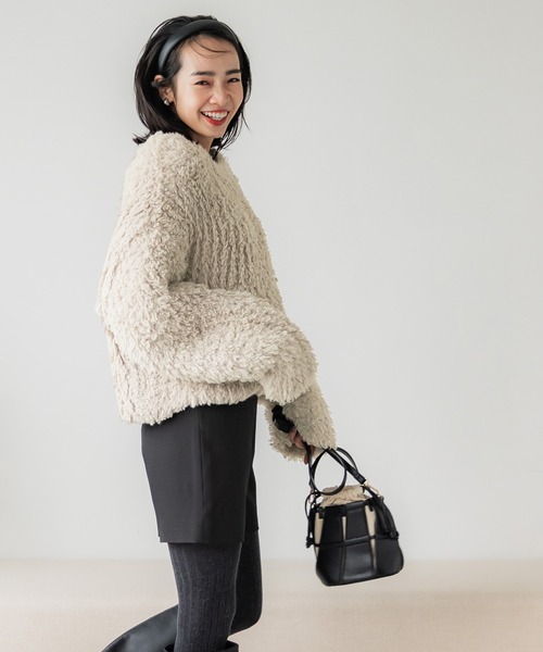 coca（coca）（コカ）の「ワイドリブショート丈プードルニット（ニット/セーター・レディース・ベージュ/ダークブルー・ONE SIZE）」の6枚目の写真