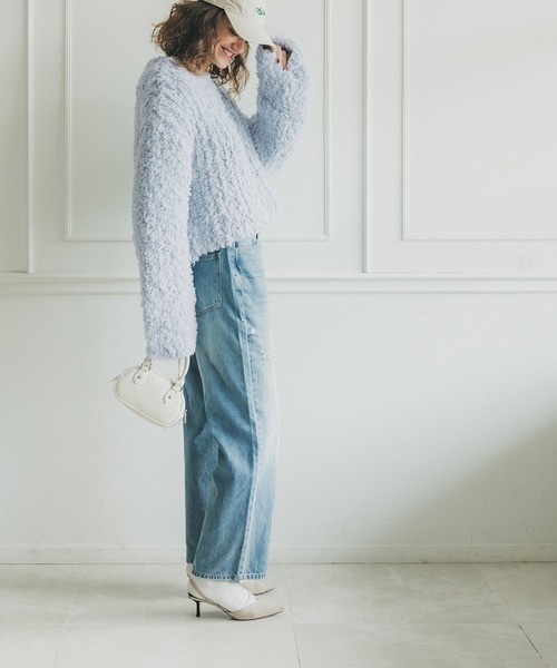 coca（coca）（コカ）の「ワイドリブショート丈プードルニット（ニット/セーター・レディース・ベージュ/ダークブルー・ONE SIZE）」の10枚目の写真