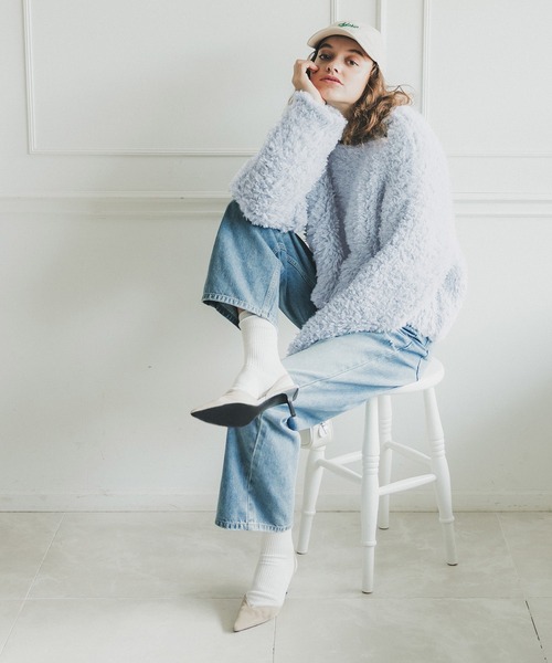 coca（coca）（コカ）の「ワイドリブショート丈プードルニット（ニット/セーター・レディース・ベージュ/ダークブルー・ONE SIZE）」の9枚目の写真