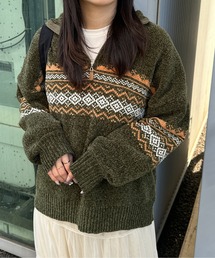 ベロアモールノルディックハーフジップニット