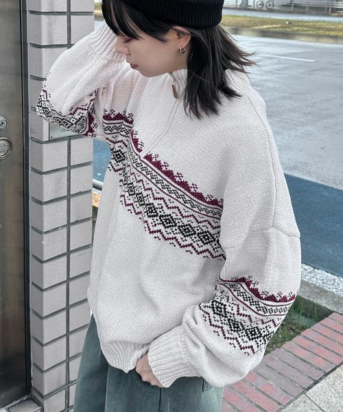 kutir(クティール)の「ベロアモールノルディックハーフジップニット(ニット/セーター・レディース・ネイビー/アイボリー/カーキ・FREE)」の4枚目の写真