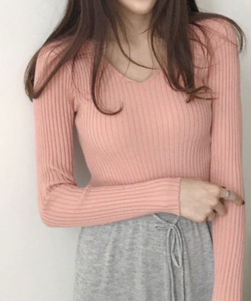 kirakiraShop(キラキラショップ)の「Vネック リブ ニット(ニット/セーター・レディース・グレー/ベージュ/ピンク/ブラウン/ブラック/アイボリー・FREE)」の6枚目の写真