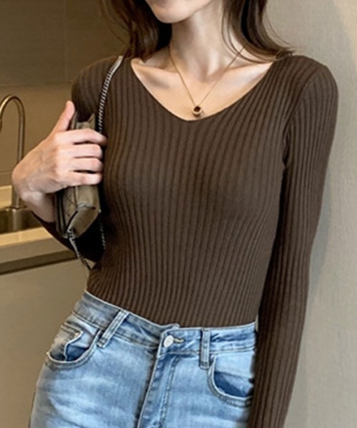 kirakiraShop(キラキラショップ)の「Vネック リブ ニット(ニット/セーター・レディース・グレー/ベージュ/ピンク/ブラウン/ブラック/アイボリー・FREE)」の19枚目の写真