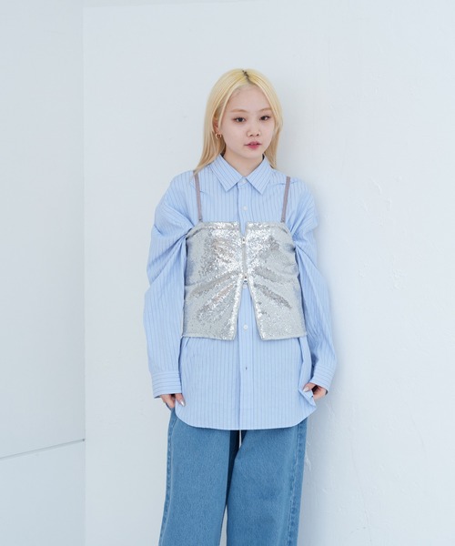 WHIMSIC（ウィムジック）の「【UNISEX】シアサッカーストライプシャツ（シャツ/ブラウス・メンズ・ブルー/グリーン/グレー・FREE）」の21枚目の写真