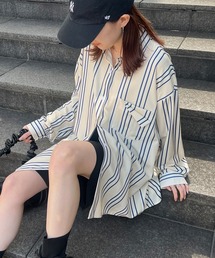【ISOOK / アイスー】とろみストライプオーバーシャツ / ユニセックス オーバーサイズ シャツブラウス 変形 ZOZOTOWN限定