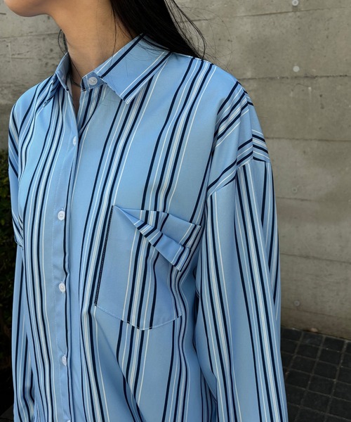 ISOOK（アイスー）の「【ISOOK / アイスー】とろみストライプオーバーシャツ / ユニセックス オーバーサイズ シャツブラウス 変形 ZOZOTOWN限定（シャツ/ブラウス・レディース・ブルー/イエロー・FREE）」の5枚目の写真