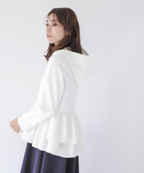 WHITE JOOLA ハイストレッチつやポンチ・ティアードフリルパーカー 予約】無敵のパーカー【洗える・UV CUT・ストレッチ・軽量・接触
