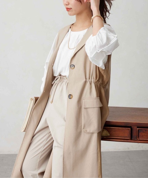 Chez toi(シェトワ)の「リネン×シアー切替ドロストジレコート(ベスト・レディース・ベージュ/オフホワイト/ブラック・FREE)」の5枚目の写真