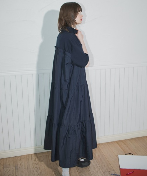 forksy.】ハーフジップドッキングティアード半袖ワンピース