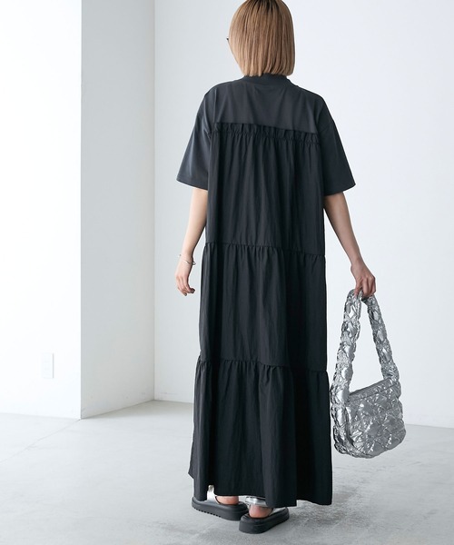 forksy.】ハーフジップドッキングティアード半袖ワンピース