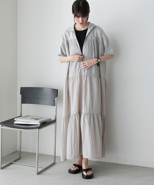 forksy.】ハーフジップドッキングティアード半袖ワンピース