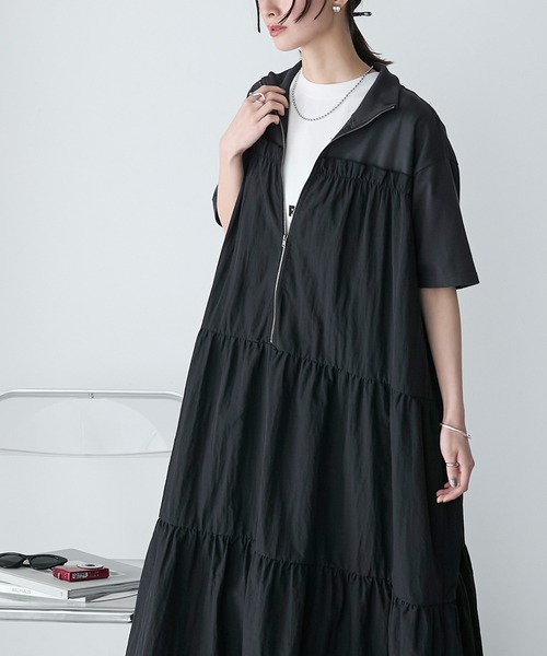 forksy.】ハーフジップドッキングティアード半袖ワンピース forksy
