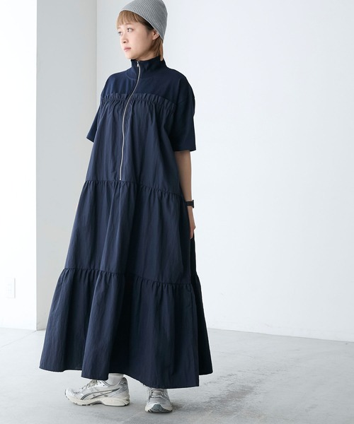 forksy.】ハーフジップドッキングティアード半袖ワンピース