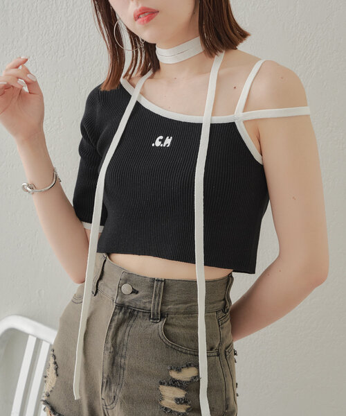 Chico(チコ)の「チョーカー付アシメ胸刺繍ニット(ニット/セーター・レディース・ブラック/ホワイト/ブルー系その他/シルバー系その他・FREE)」の2枚目の写真