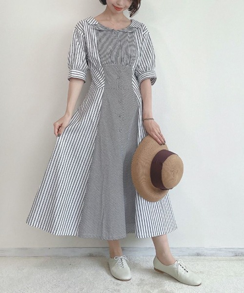 an another angelus（アンアナザーアンジェラス）の「ランダムストライプ開衿シャツワンピース/ananotherangelus（シャツワンピース・レディース・ホワイト×ブラック/ホワイト×ブルー・FREE）」の2枚目の写真
