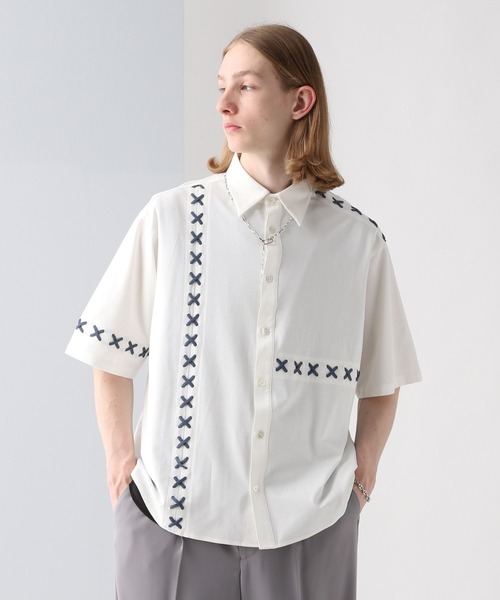 HARE（ハレ）の「レースアップステッチシャツ(HARE)（シャツ/ブラウス・メンズ・ブラック/ホワイト/グリーン・FREE）」の5枚目の写真