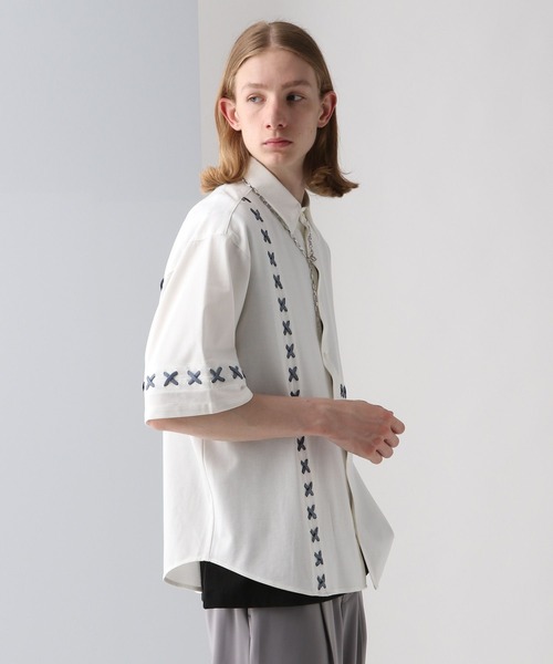 HARE（ハレ）の「レースアップステッチシャツ(HARE)（シャツ/ブラウス・メンズ・ブラック/ホワイト/グリーン・FREE）」の6枚目の写真