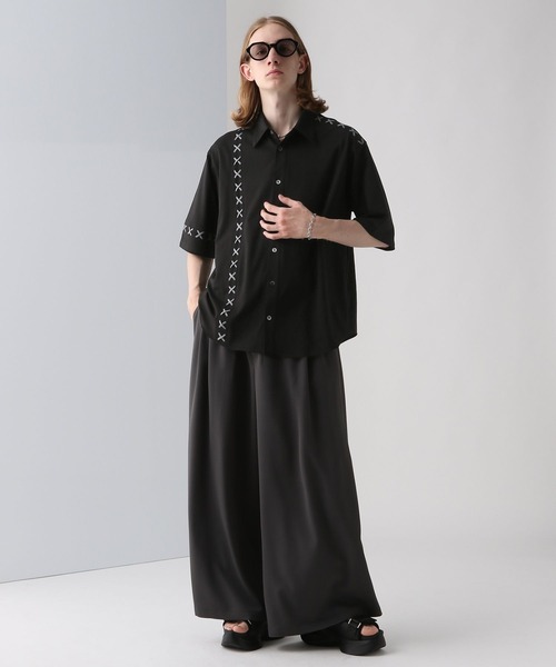 HARE（ハレ）の「レースアップステッチシャツ(HARE)（シャツ/ブラウス・メンズ・ブラック/ホワイト/グリーン・FREE）」の8枚目の写真