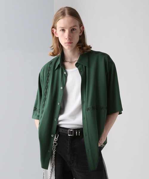 HARE（ハレ）の「レースアップステッチシャツ(HARE)（シャツ/ブラウス・メンズ・ブラック/ホワイト/グリーン・FREE）」の14枚目の写真