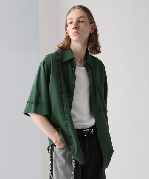 HARE（ハレ）の「レースアップステッチシャツ(HARE)（シャツ/ブラウス・メンズ・ブラック/ホワイト/グリーン・FREE）」の15枚目の写真