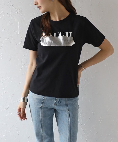 Bonjour Sagan（ボンジュールサガン）の「ロゴ×箔プリントTシャツ（Tシャツ/カットソー・レディース・ブラック/オフホワイト・FREE）」の2枚目の写真