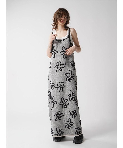 :ETHROF(イーサオブ)の「FLOWER JACQUARD KNIT ONEPIECE(ワンピース・レディース・グレー/エンジ・FREE)」の2枚目の写真