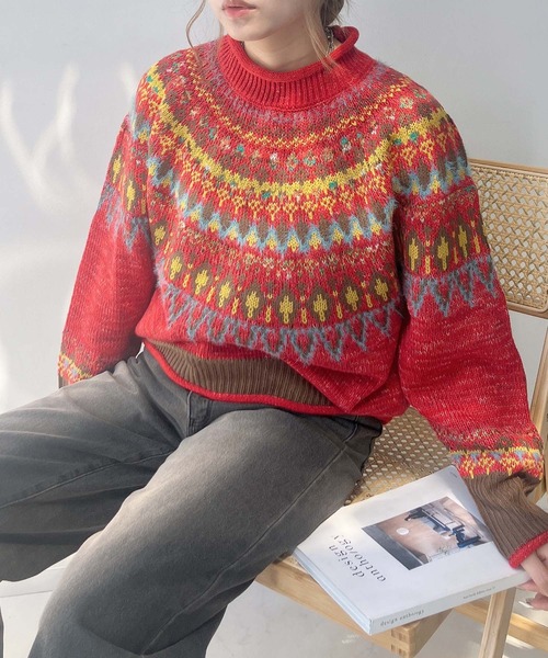 AS KNOW AS plus（アズノゥアズプラス）の「◇球心あみあみ配色ニットプルオーバー（ニット/セーター・レディース・ネイビー系/ベージュ系/イエロー系/アイボリー系1/ベージュ系1/レッド系1・FREE）」の6枚目の写真