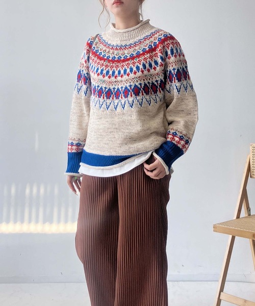 AS KNOW AS plus（アズノゥアズプラス）の「◇球心あみあみ配色ニットプルオーバー（ニット/セーター・レディース・ネイビー系/ベージュ系/イエロー系/アイボリー系1/ベージュ系1/レッド系1・FREE）」の9枚目の写真