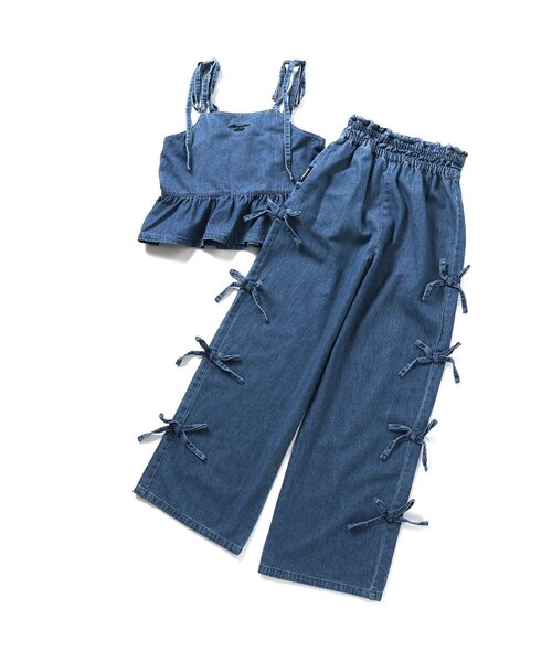 algy（アルジー）の「オールインワン風りぼんセットアップ（つなぎ/オールインワン・キッズ・グレー/インディゴブルー・XX-SMALL/X-SMALL/MEDIUM/SMALL）」の2枚目の写真