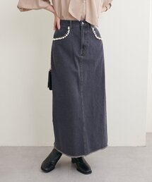 パール装飾デニムタイトスカート