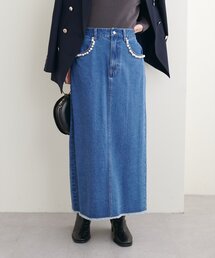 パール装飾デニムタイトスカート