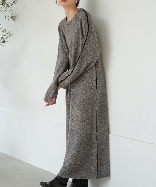 セール】【低身長向けサイズあり】ブークレ配色ラインニットワンピース