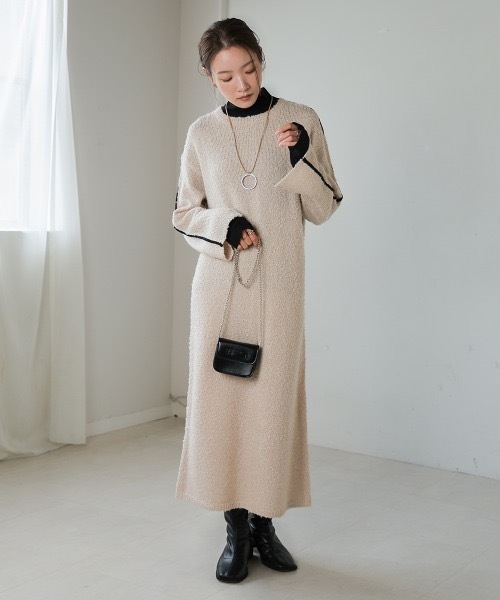 Bab(バブ)の「【低身長向けサイズあり】ブークレ配色ラインニットワンピース(ワンピース・レディース・ベージュ/アイボリー/チャコールグレー・M/S)」の8枚目の写真