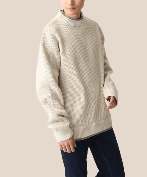 MK MICHEL KLEIN HOMME （エムケーミッシェルクランオム）の「【残りわずか/在庫限り/洗える】プルオーバーニット/ワッフル編みフェイクニット（ニット/セーター・メンズ・グリーン/アイボリー/ブラック/ボルドー・46/48）」の2枚目の写真