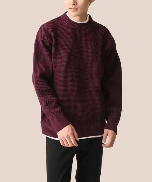 MK MICHEL KLEIN HOMME （エムケーミッシェルクランオム）の「【残りわずか/在庫限り/洗える】プルオーバーニット/ワッフル編みフェイクニット（ニット/セーター・メンズ・グリーン/アイボリー/ブラック/ボルドー・46/48）」の4枚目の写真