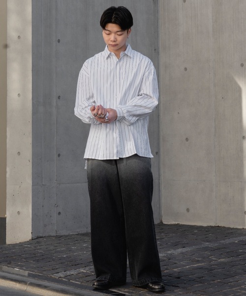 メンズ ストライプシャツ 肩落ち ルーズ ストリート T03095 org.jpg