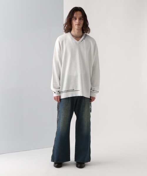 HARE（ハレ）の「Vネックステッチニットプルオーバー(HARE)（ニット/セーター・メンズ・ブラック/ホワイト/ブルー・FREE）」の4枚目の写真