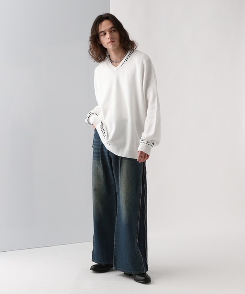 HARE（ハレ）の「Vネックステッチニットプルオーバー(HARE)（ニット/セーター・メンズ・ブラック/ホワイト/ブルー・FREE）」の5枚目の写真